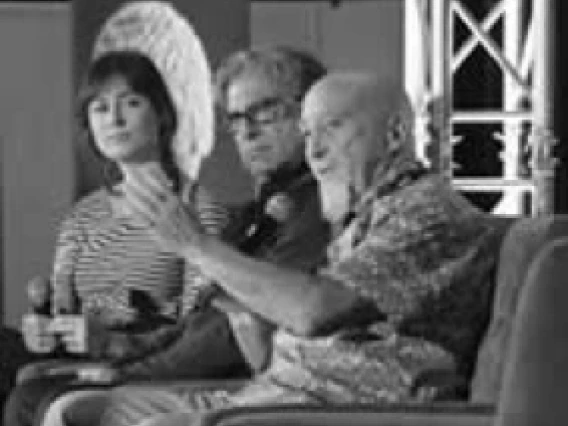 dr stuart hamerroff sitting on a chair, speaking to an audience